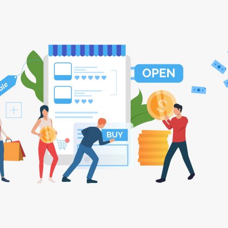 Bright sale presentation slide template. People standing in front of supermarket. Vector illustration can be used for topics like sale, shopping, promotion